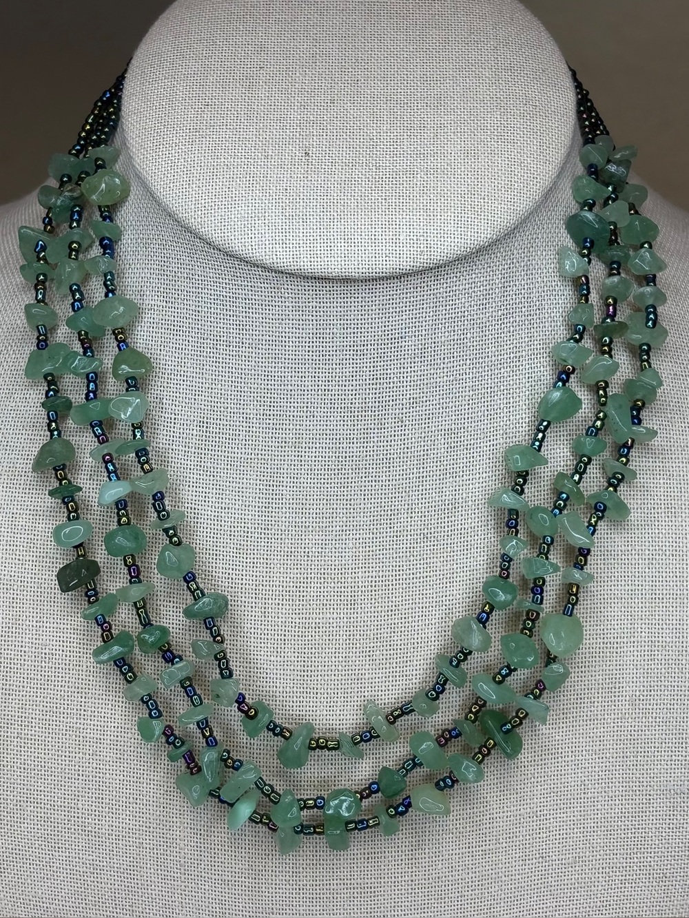 Multi-Strand Green Aventurine Chip & Iridescent Seed Bead Layered Necklace